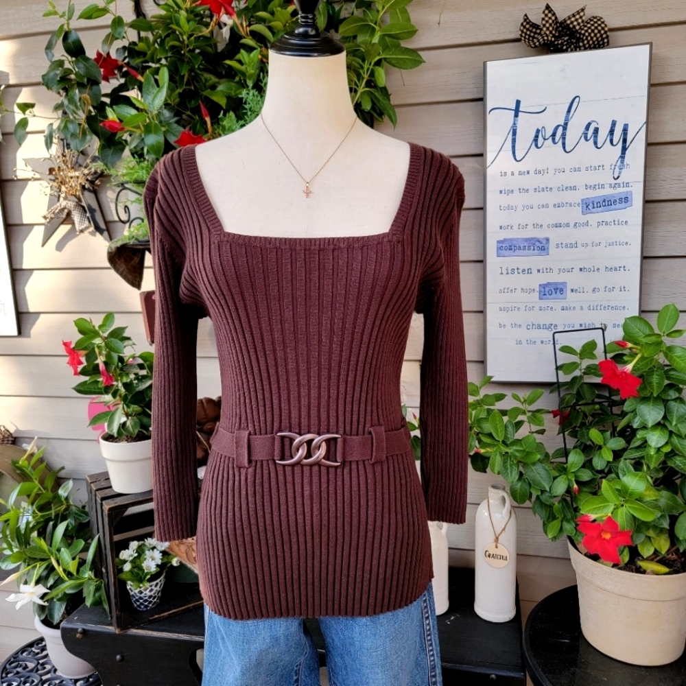 R•Q•T ♡ Brown Soft 'n Stretchy Ribbed Square Neckline Sweater w/Attached Belt L